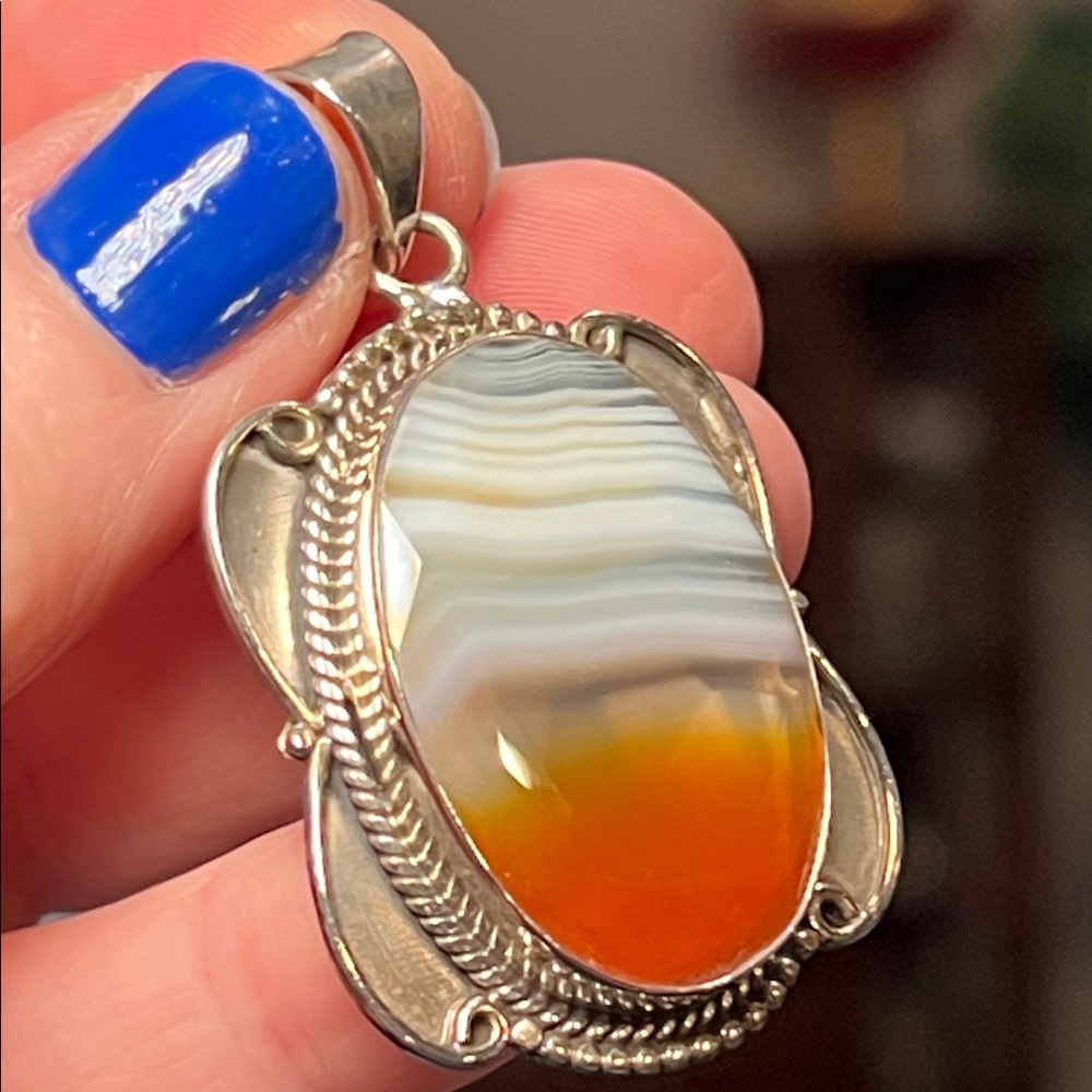 Southwestern JBH Signed Sterling Silver Faceted Banded Agate Necklace Pendant - Picture 6 of 6